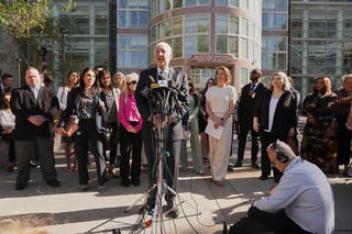 Defense attorney Mark Geragos speaks outside the courthouse